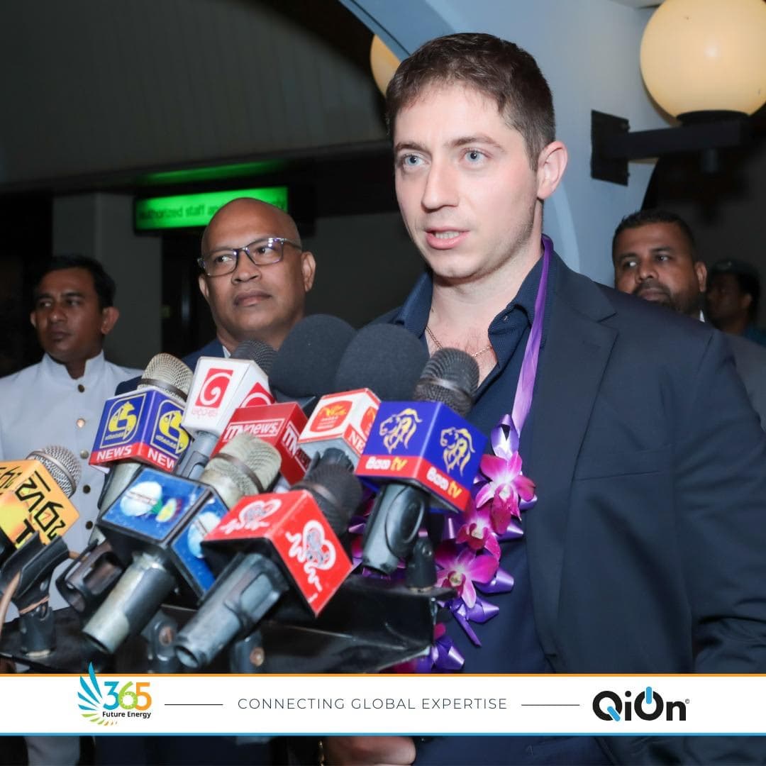 QiOn Founder and CEO Ludovico Finotto speaking to Sri Lankan television media at arrival, discussing battery energy storage systems, smart-grid technology, and energy management solutions as part of a strategic delegation exploring sustainable energy development in Sri Lanka
