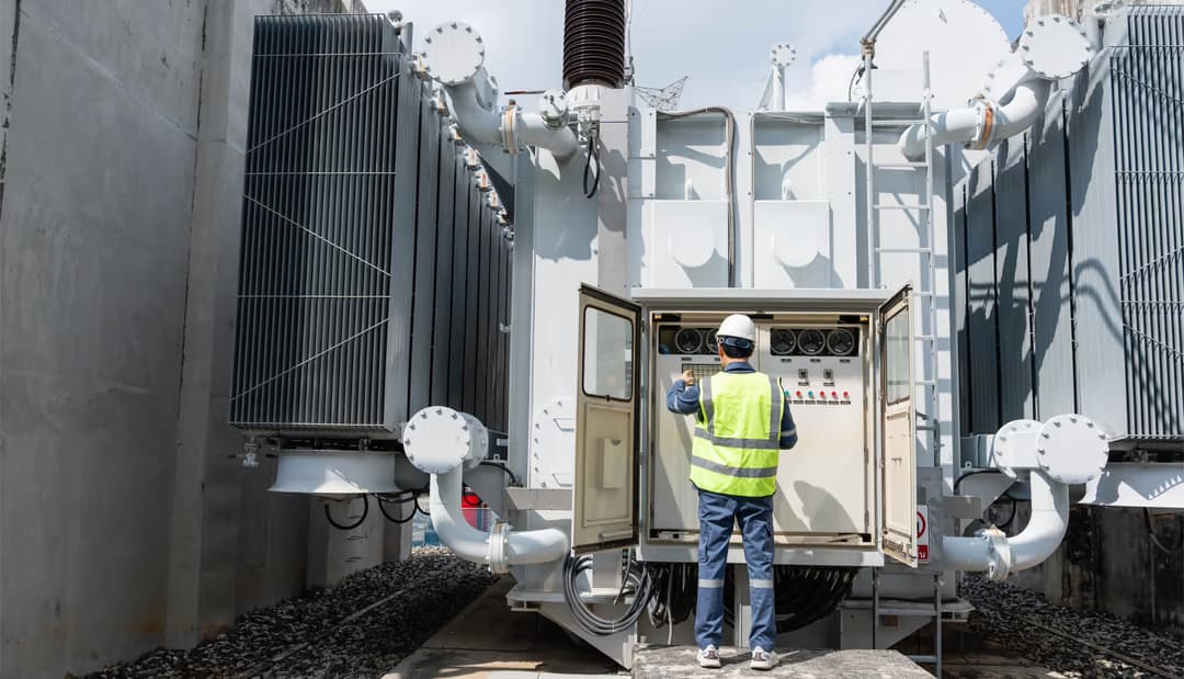 Professional engineer inspecting the control panel and monitoring gauges of a power transformer at a high-voltage substation, representing the grid infrastructure and energy management expertise required for industrial operators to optimize electricity costs and participate in demand response and grid services programs