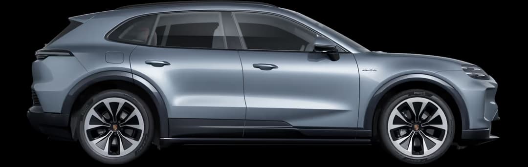 Studio side profile of the new Porsche Cayenne Electric in grey, showing the electric badge, the most powerful production Porsche ever built at up to 850 kW