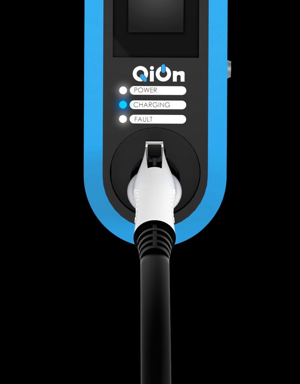 QiOn's Q charger zoomed on the plug feature and showing the charging icon